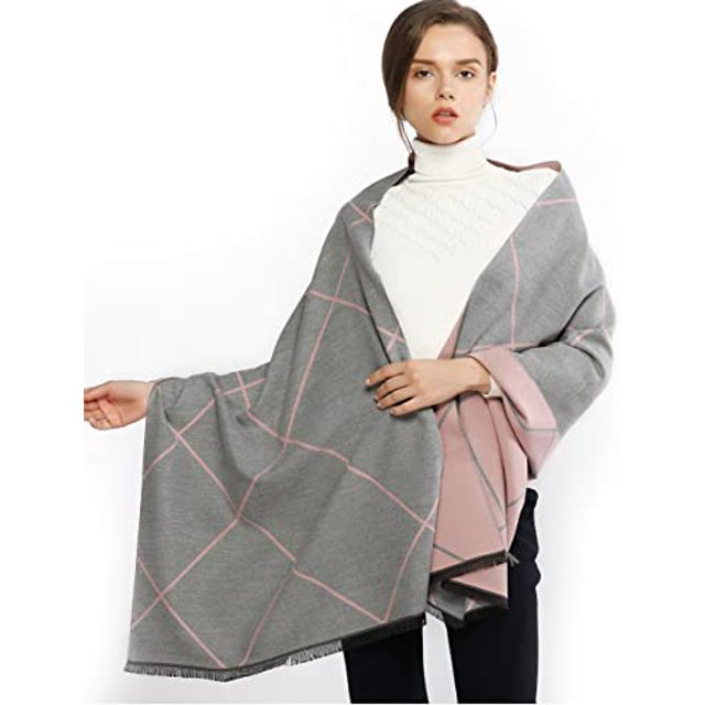Foulard d'Hiver pour Femme Chaude Pashmina Châle Enveloppant avec Pompon à Carreaux Réversible