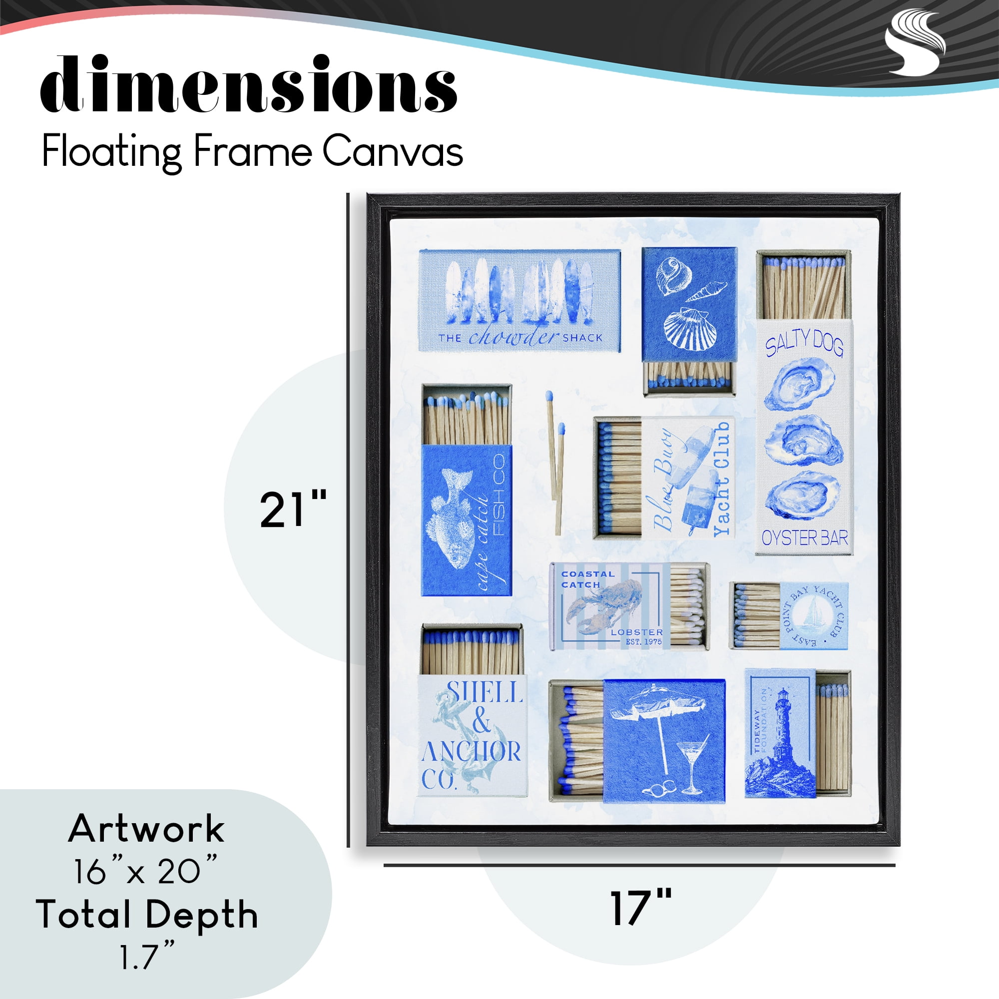 Blue Coastal Matchboxes Black Framed Floater Canvas Wall Art, design by Ziwei Li