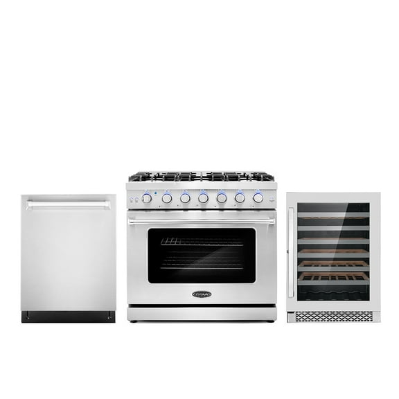 Cosmo 3 Piece Kitchen Appliance Packages with 36" Freestanding Gas Range Kitchen Stove 24" Built-in Fully Integrated Dishwasher & 48 Bottle Freestanding Wine Refrigerator Kitchen Appliance Bundles