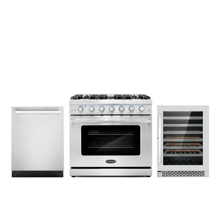 Cosmo 3 Piece Kitchen Appliance Packages with 36  Freestanding Gas Range Kitchen Stove 24  Built-in Fully Integrated Dishwasher & 48 Bottle Freestanding Wine Refrigerator Kitchen Appliance Bundles