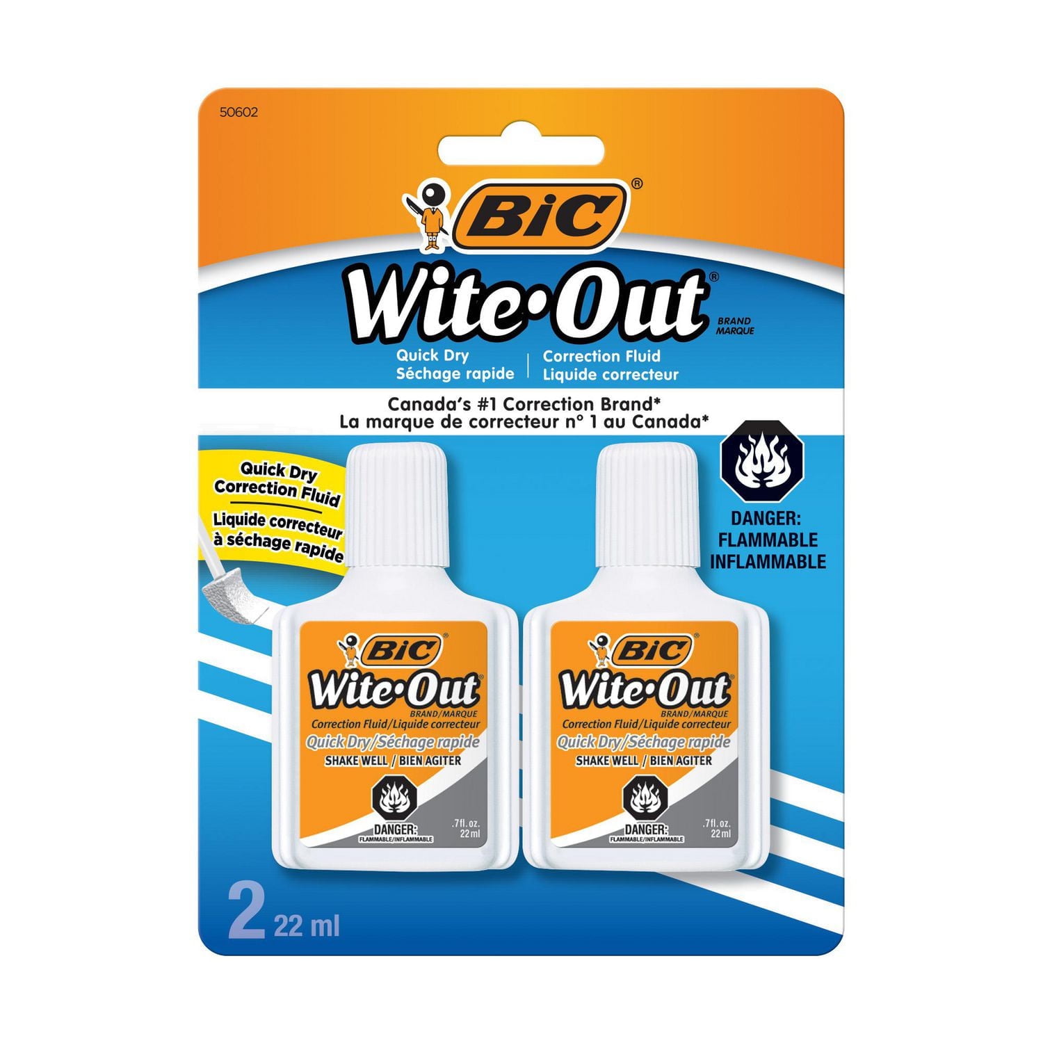 Correcteur liquide BIC Wite-Out à séchage rapide, 22 ml, blanc, s’applique facilement avec un temps de séchage réduit, paquet de 2