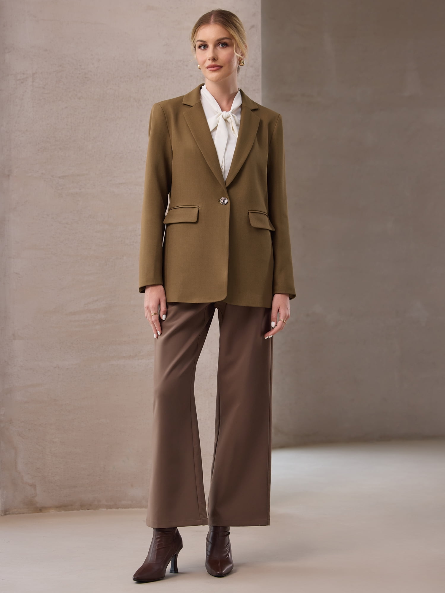 DARING DIVA Women's Open Front Long Sleeve Work Suit Jacket Blazer with Pockets 2XL Brown