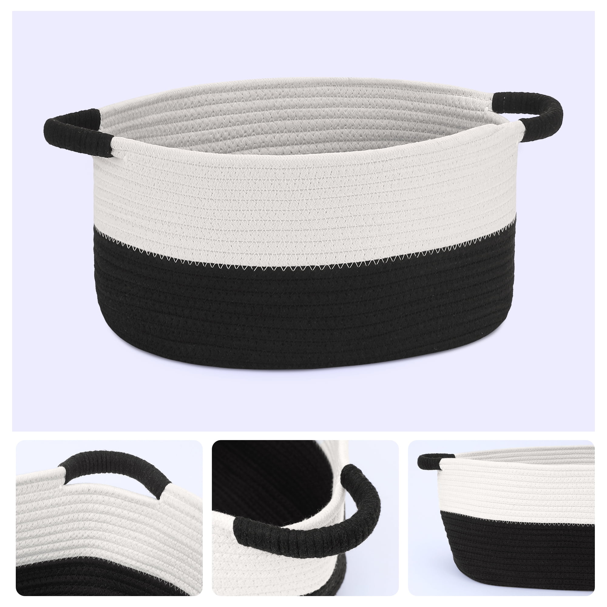 REGALWOVEN Woven Storage Basket with Handles, Shelf Closet Storage Bin White/Black 13*9.5*7in