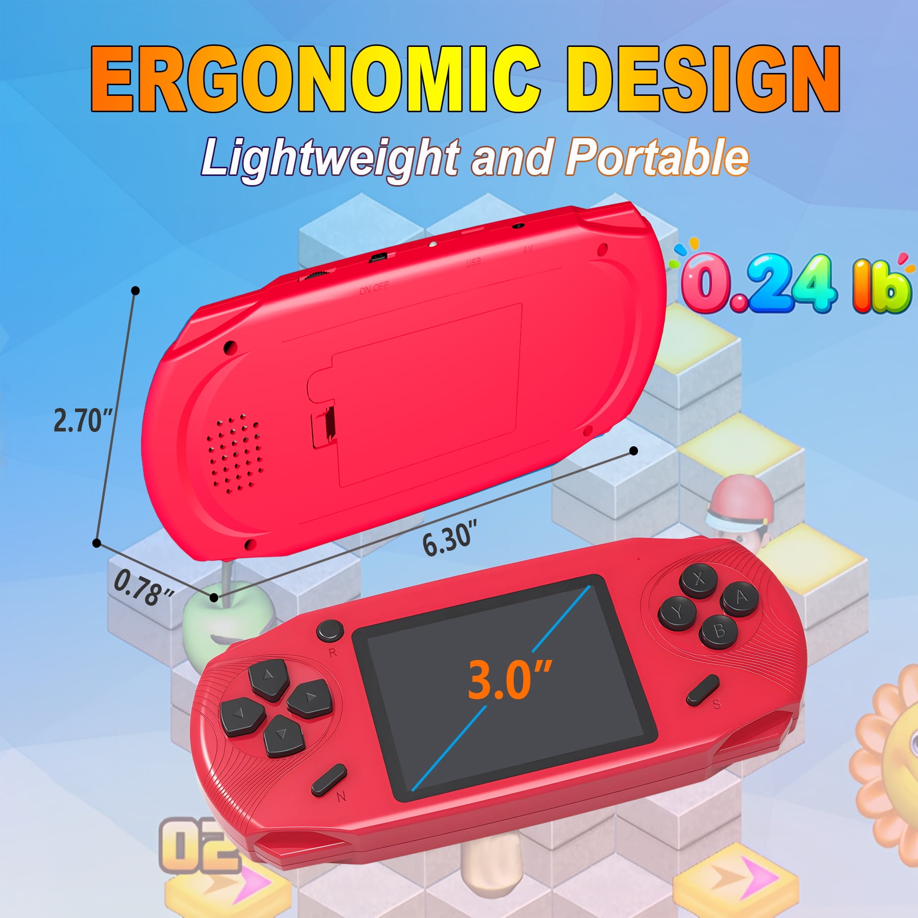 Beijue Rechargeable 16 Bit Handheld Game Console Toy for Kids with 3.0'' Color LCD 100 Games (Red)