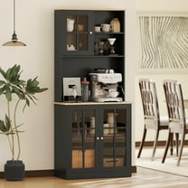 Resenkos Kitchen Pantry Storage Cabinet, 72" Freestanding Cabinet with Hutch, Large Countertop, Glass Doors and Adjustable Shelves for Dining Room, Black