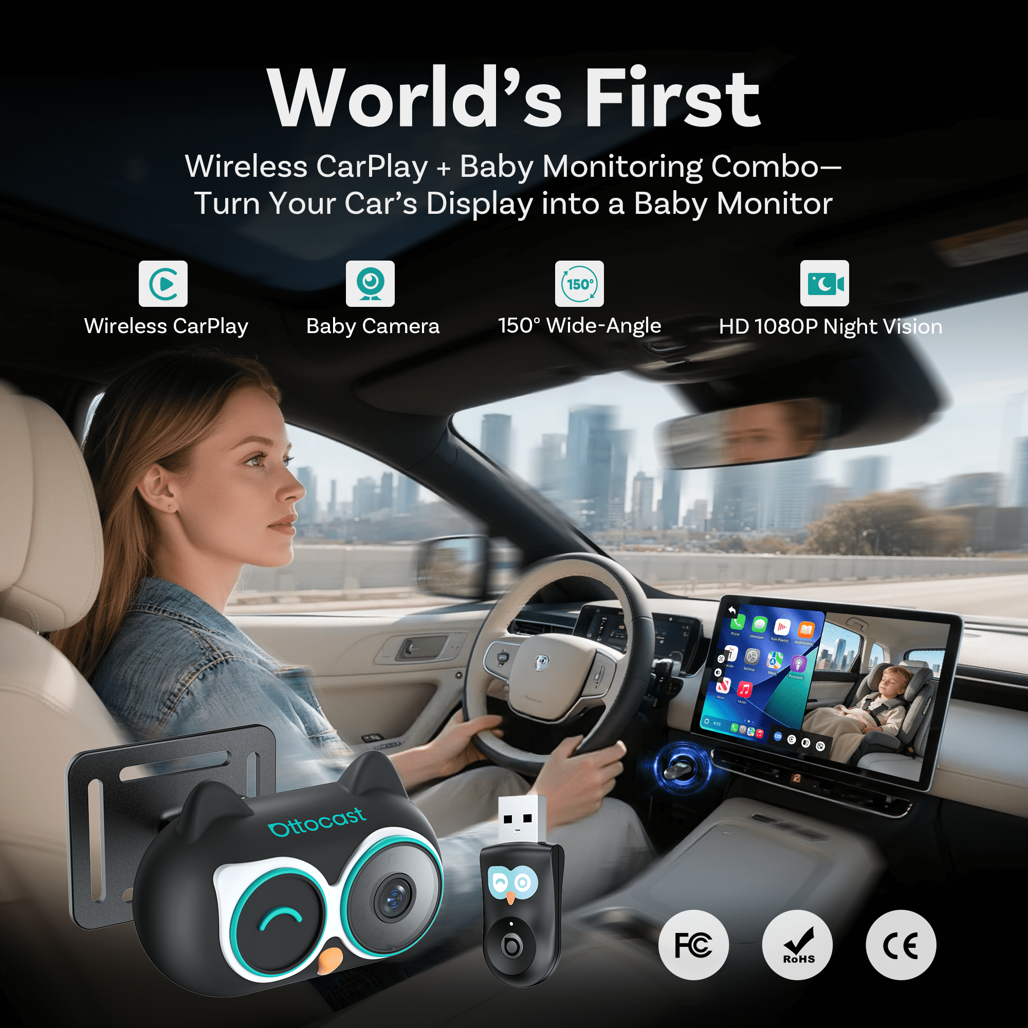 Ottocast Cabin Care Wireless CarPlay Adapter with 1080P Rear Seat Baby Camera and Night Vision, 150° Wide Angle, Real-Time Rear Seat View, Easy Installation