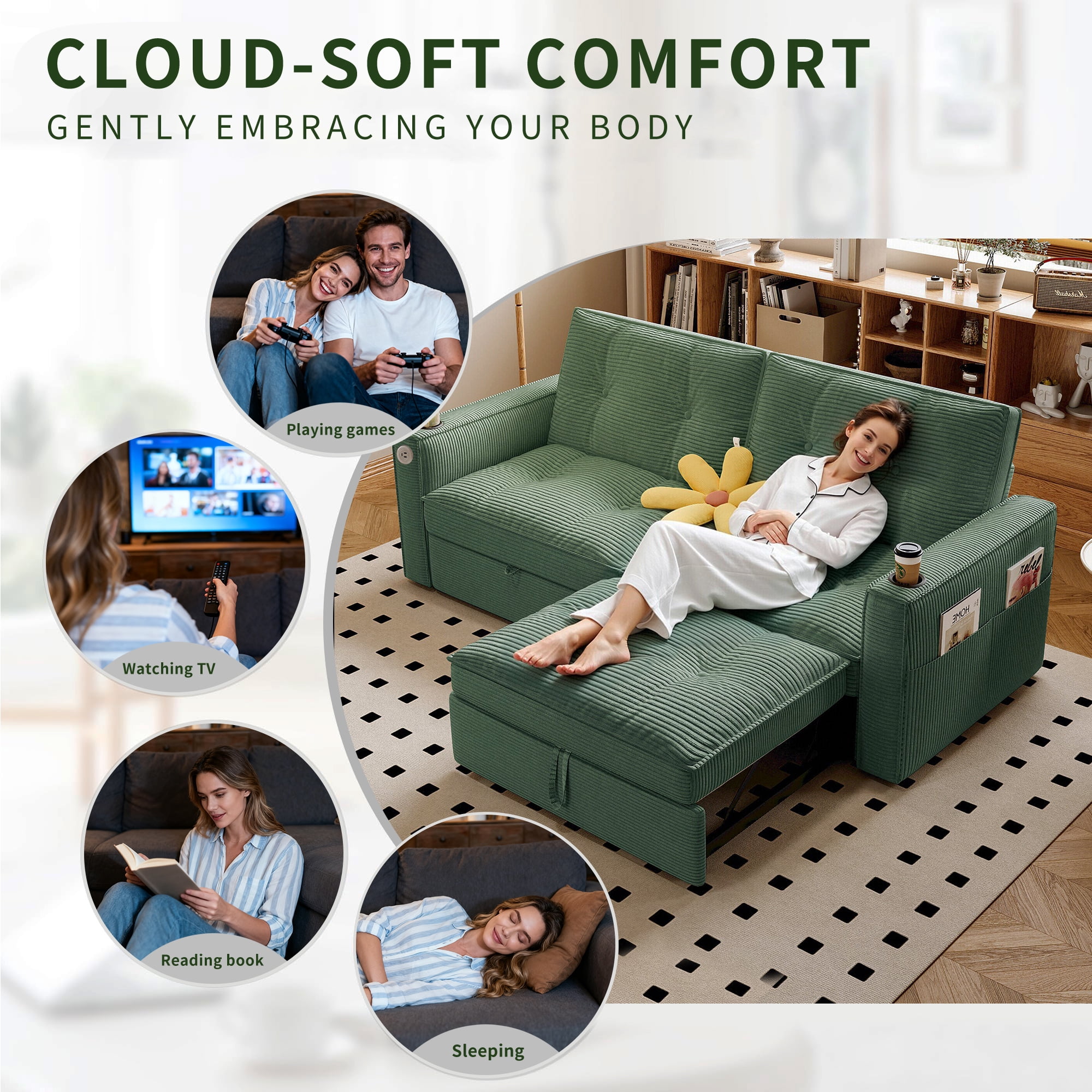 3-in-1 Multi-Functional Sleeper Sofa Bed, Upholstered Corduroy Convertible Loveseat Lounge, Indoor Daybed for Living Rooms/Bedrooms