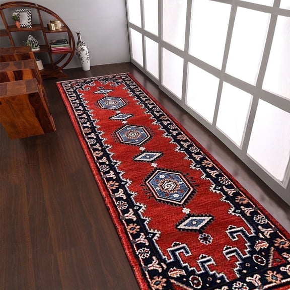 Rugsotic Carpets Hand Knotted Wool and Silk Area Rug, 2'6''x10', Runner, Dark Orange Navy, Oriental Handmade Low Pile Rug for Living Room Bedroom