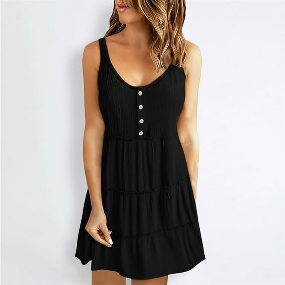 Cagogo Ladies Homecoming Dresses Summer Spring Plus Size Button Down Sleeveless Empire Waist Ruffle Flowy Tiered Swing Mini Short Sun Dress Hide Belly Evening Dress