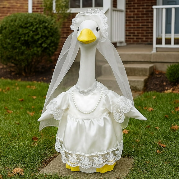 Bride Goose Clothes for 23 Inch Decorative Garden Goose, White Wedding Dress with Veil Pearl Necklace, Valentines Day Outdoor Porch Statue Outfit Set