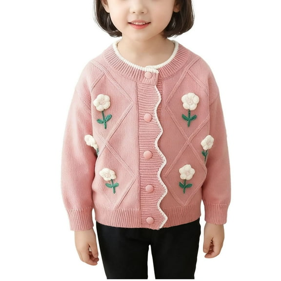 IVEYRTF Girls Jacquard Cardigan Knit Sweater with Button Lapel Sweater Childrens Cute Floral Print Sweater Jacket for Kids 2-8 Years(Pink,3-4 Years)