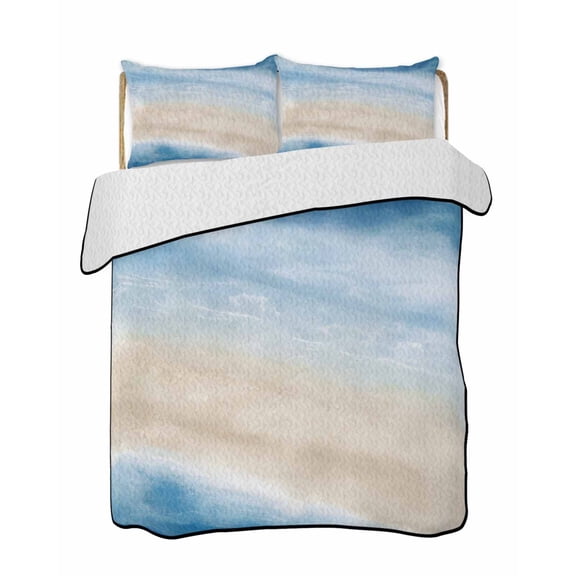 Quilts Full Size Bedding Set, Navy Blue Coastal Lightweight Quilted Comforter, Beach Nautical Seaside Ocean Beige Soft Reversible Bedspread Coverlet with Pillow Covers for All Season, 78" x 90"