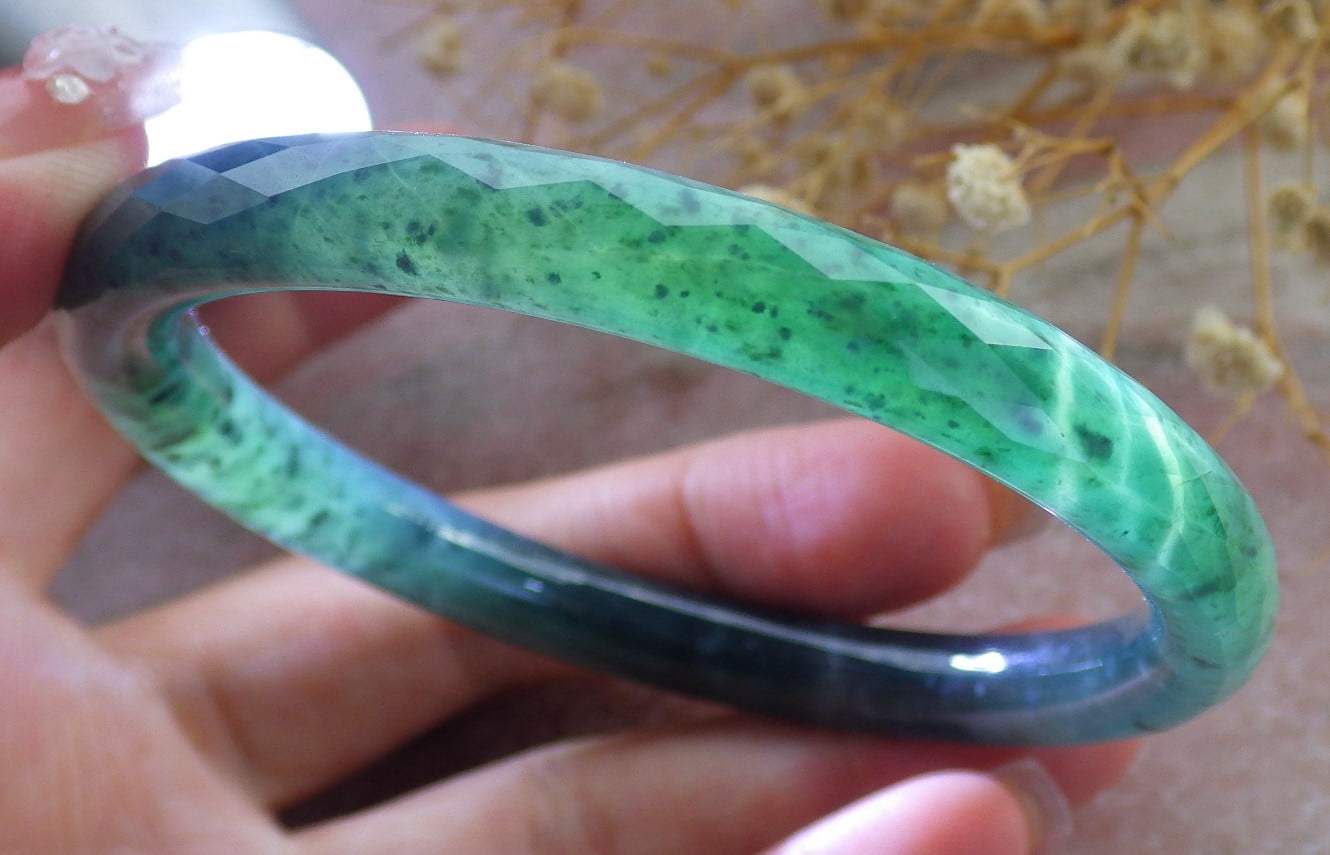 Green Natural A JADE Jadeite Dia Cut Circle Bangle Bracelet 58 mm 682679 TN