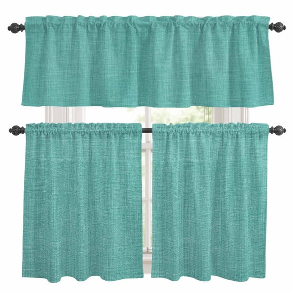 Vintage Teal Green Kitchen Curtains Sets for Windows 36 Inch Length, Farmhouse Retro Solid Color Linen Texture Rod Pocket Window Treatments Tier Curtains and Valances Set for Bedroom/Bathroom