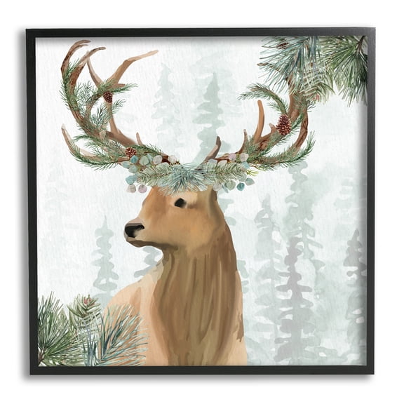 Stupell Industries Winter Forest Elk Festive Pine Antlers Woodland Trees Paintings Black Framed Art Print Wall Art, 12x12, by Kim Allen