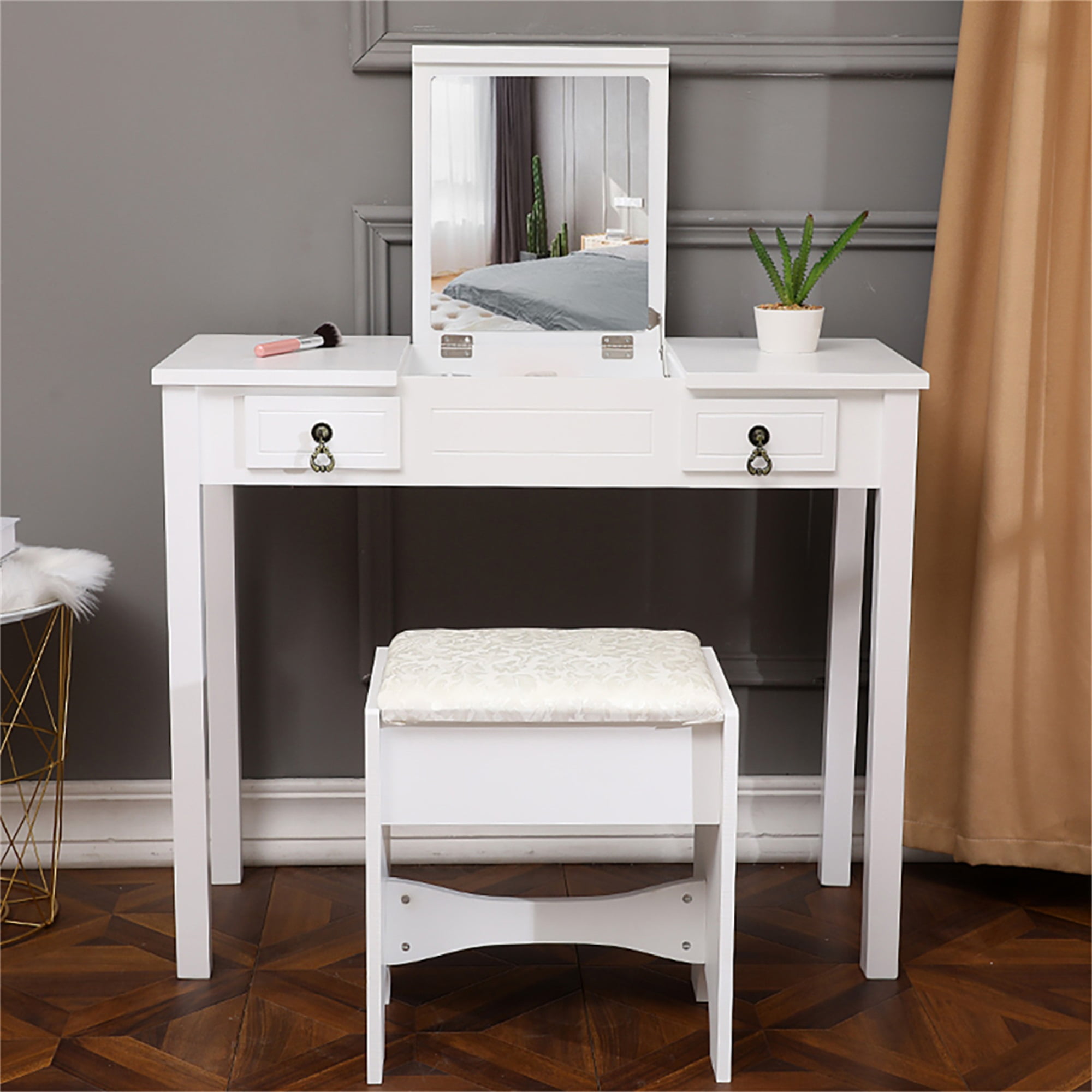 Kadyn Vanity Table and Chair Set, Vanity Set with Mirror and Stool, White