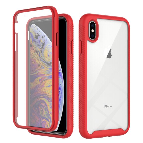 SaniMore for iPhone Xs Max Case, Rugged PC Back & TPU Bumpers Two-Layer Structure Transparent Cover with PET Screen Protector Shockproof Protective Shell for iPhone Xs Max, Red