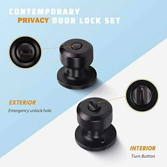 KNOBWELL 2 Pack Privacy Door Knob for Bathroom or Bedroom Door Knobs, Modern Interior Door Knobs, Indoor Door Knob, Keyless Black Door Knob with Lock, Door Handle Lock for Interior Doors, Matte Black