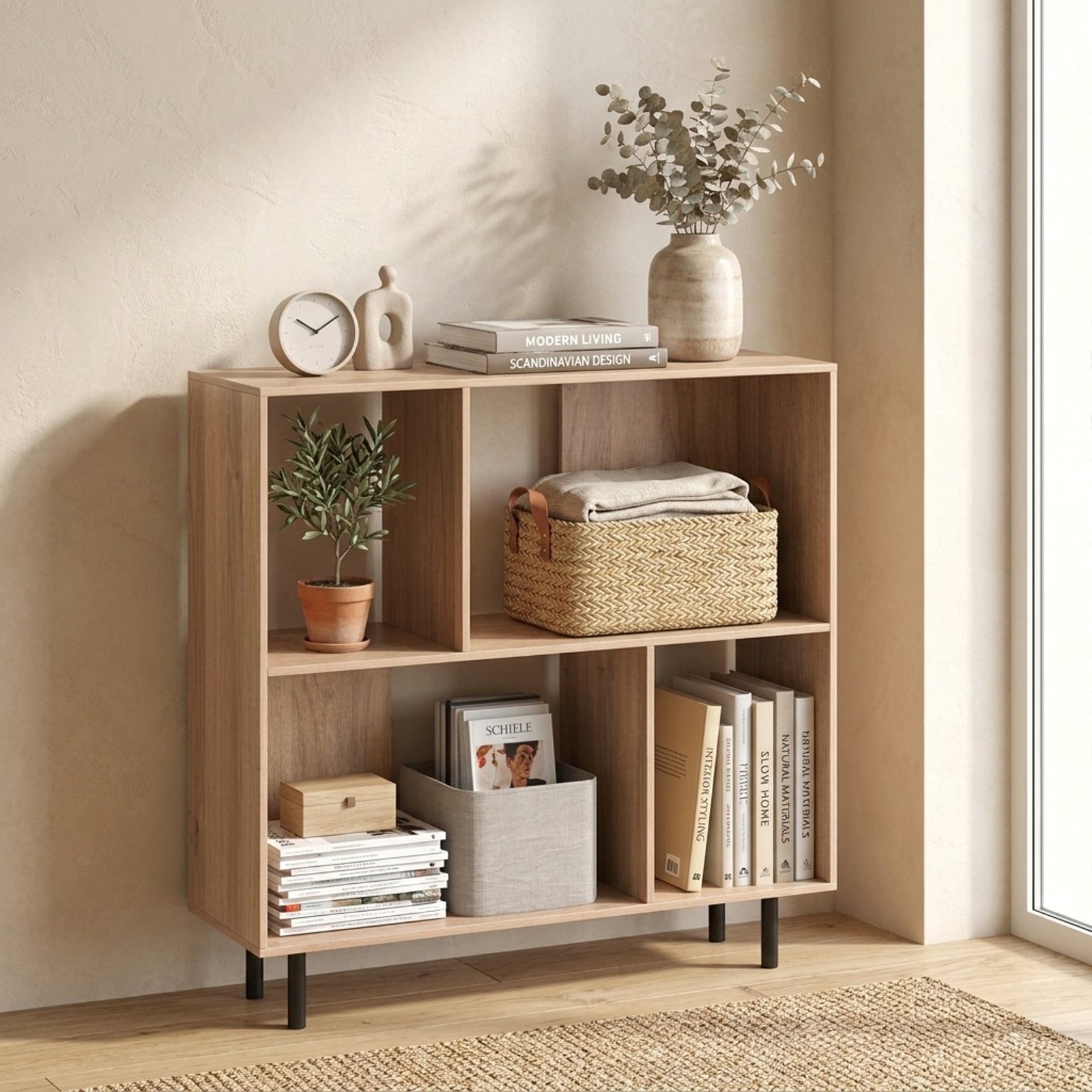 Furnibear Open Shelf Bookcase with 4 Compartments for Living Room Home Office Bedroom Display Storage Shelf, Natural