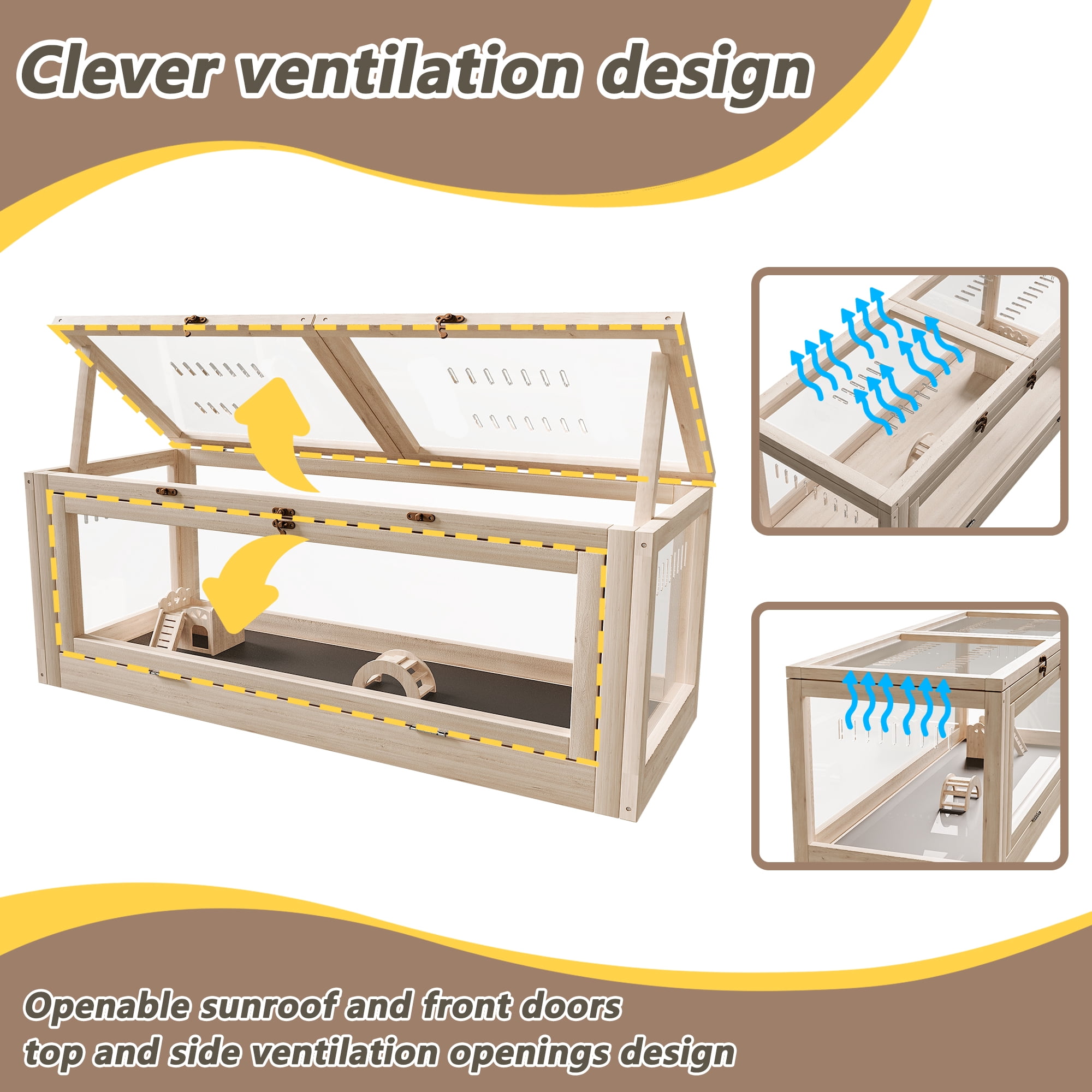 Wooden Hamster Cage, 31.5in Large Guinea Pig House with Stair & Bridge, Chewproof Solid Wood Habitat with Acrylic Ventilation Panels for Guinea Pigs, Chinchillas, Ferrets, Hamsters