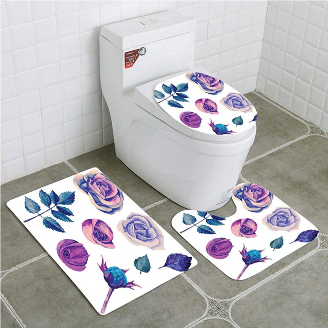 ABPHQTO Acuarela rosas azules aisladas Juego de alfombras de baño de 3 piezas Alfombra de baño Alfombra de contorno y tapa de inodoro