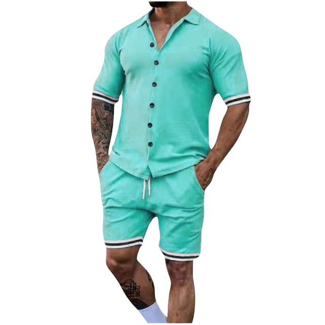 Mangas de Mano para Hombres, Color Sólido Botón de Solapa de Manga Corta Cardigan Y Pantalones Cortos Conjunto de Traje Deportivo Hecho de Poliéster, Conjunto de Traje para Hombre