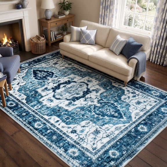 WANLISELL 6'x9' Washable Area Rugs, Vintage Non-Slip Distressed Rugs, Soft Non-Slip Carpet for Living Room, Office, Bedroom, Dinging Room, Home Decor, Blue