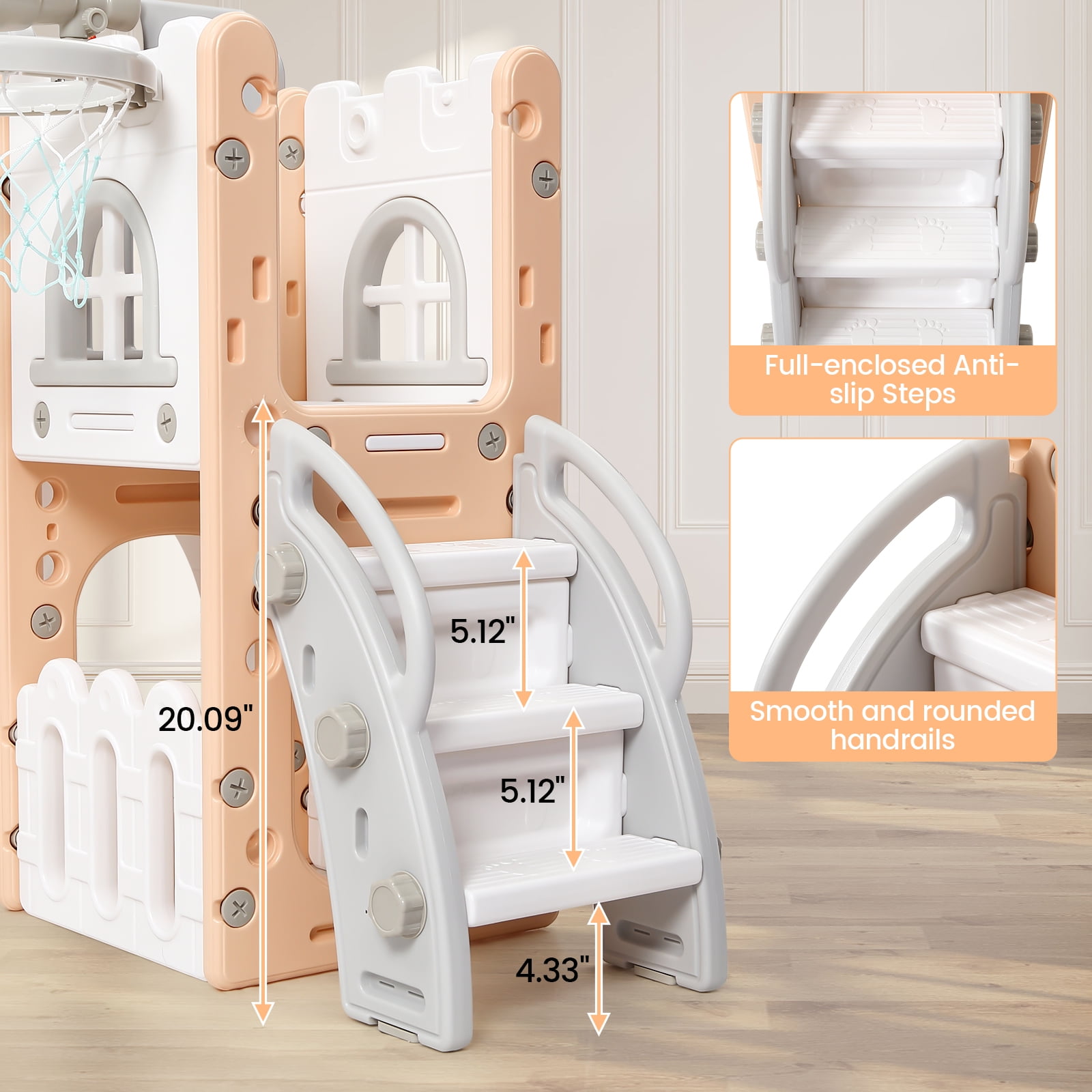 8-In-1 Indoor Playground With Slide:Slide Playset, Includes Slide, Basketball Hoop, Climber, Crawling Tunnel, Telescope, and Toy Storage