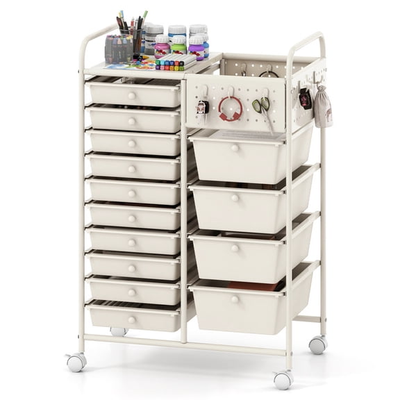 14-Drawer Rolling Storage Cart with Metal Tabletop and Pegboard, Scrapbook Paper Office School Organizer,White