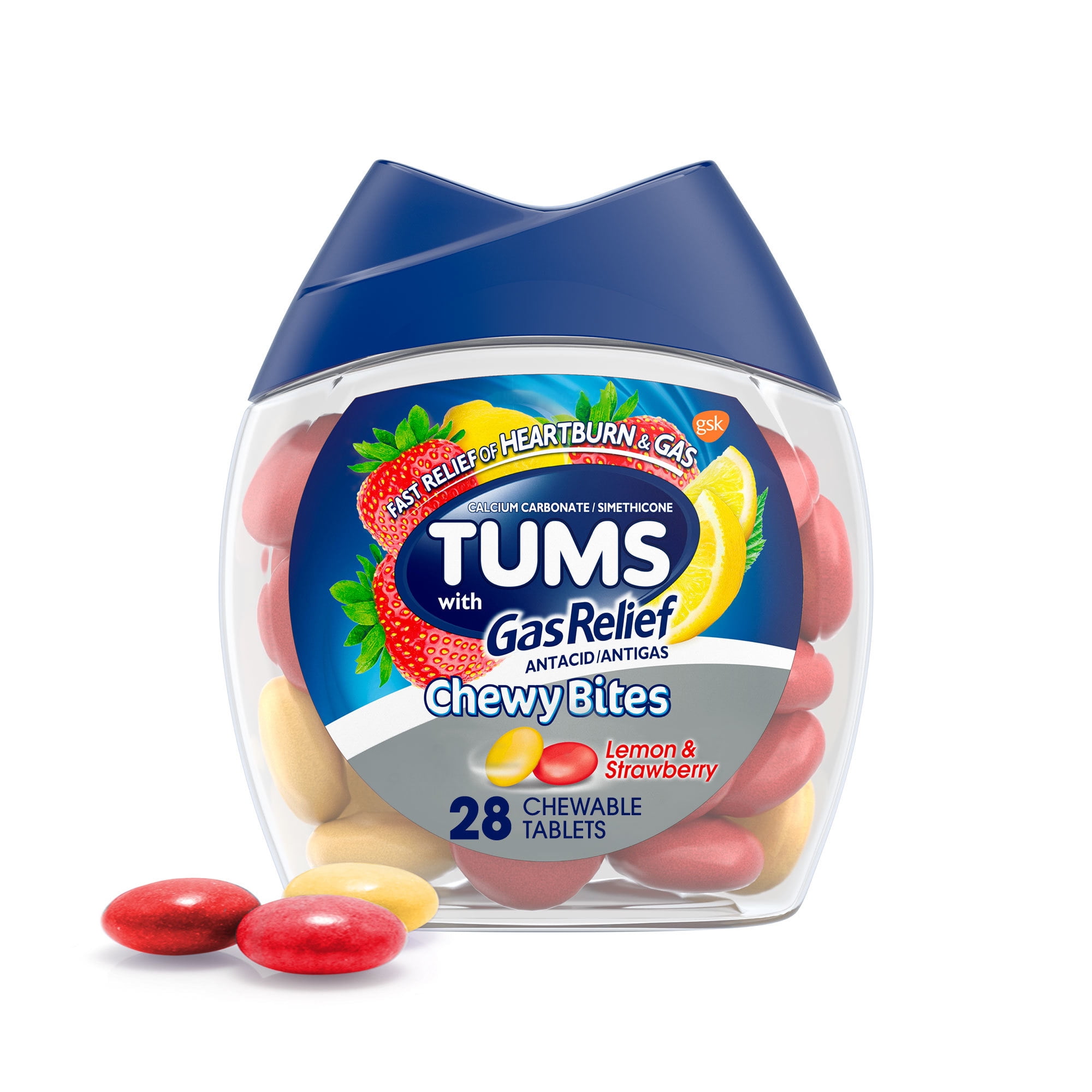 Tums Chewy Bites for Gas Relief, Antacid for Gas, Lemon Strawberry, 28 Ct
