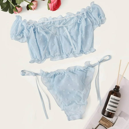 

Cute Women Embroidery Lace Bowknot Off-Shouder Lingerie Set Sleepwear Pajamas