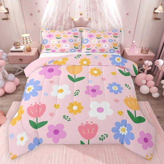 Feelyou Pink Groovy Flower Queen Comforter Set, Kawaii Cartoon Floral Bedding Sets, Teens Kids Girls Women Reversible Bedding Comforter Set, Breathable Home Decor, 3-Piece