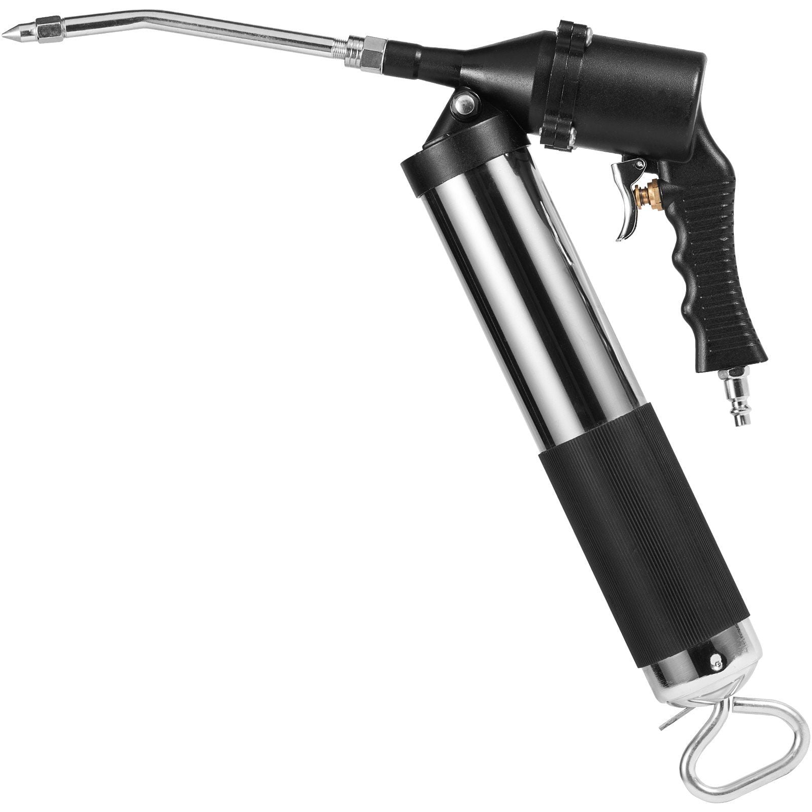 HCY Air Operated Grease Gun, 6000PSI, 14 OZ/400 CC Capacity Heavy Duty Pneumatic Grease Gun, with 18.5 Inch Flexible Hose, 1 Black Flat Coupler Pointed Coupler Bent Metal Pipe Locking Clamp Coupler