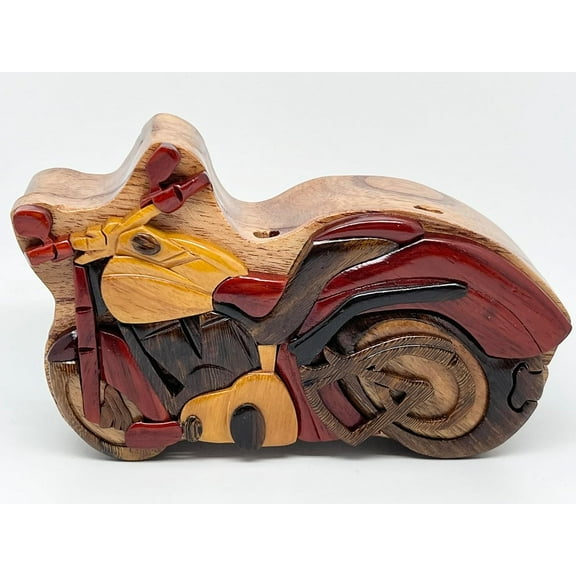 Motorcycle Wooden Puzzle Box - All-Natural Wood Intarsia Art - Handcrafted with Secret Compartment