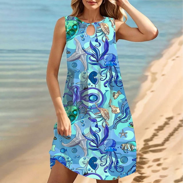 pstuiky Robes pour Femmes, Robe de Plage Sans Manches à Col Rond Dégradé Teinture sur Nœuds Mini Robes en Solde