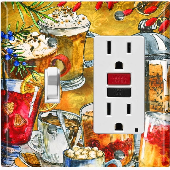 Metal Light Switch Wall Plate Outlet Cover (Coffee Tea Party Kettle Mocha Espresso Drinks - Single Toggle Single Rocker)