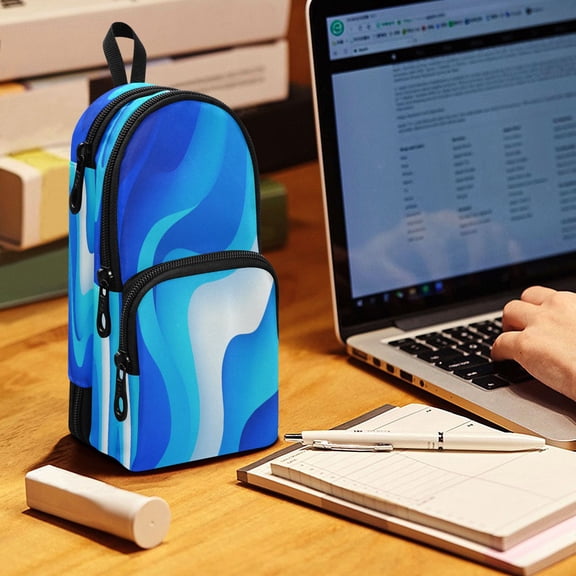 Backpack Pencil Case, 3 Compartment Large Capacity Oxford Fabric Pencil Pouch / Light Blue Flowing River