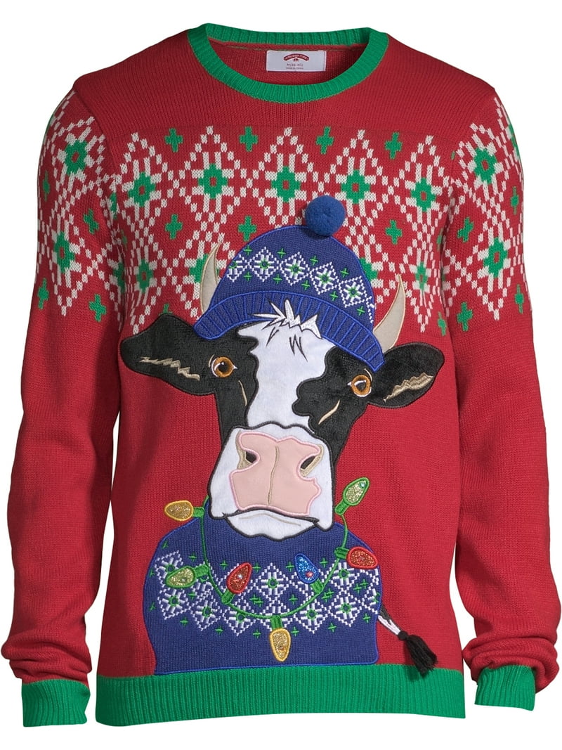 Holiday Time Men's Light-Up Cow Ugly Christmas Sweater