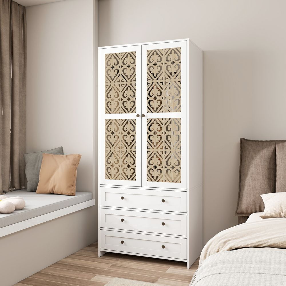 WARMMUSE Wardrobe Closet, Modern Wood  2-Door 3-Drawer Armoires and Wardrobes w/ Hollow Pattern,  Clothes Hanging Rod,  31.4" W x 18.9" D x 71.0" H, White