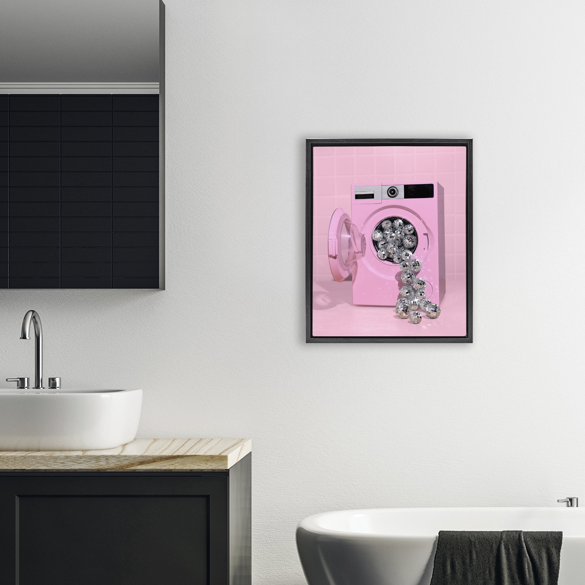 Stupell Industries Disco Laundry Machine over Pink Black Framed Floater Canvas Wall Art, design by LISH Creative