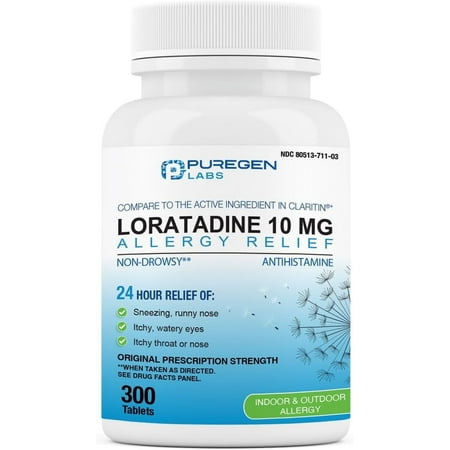 Puregen Labs Allergy Relief Loratadine 10mg Antihistamine Allergy Tablets for Runny Nose, Sneezing, Itchy Watery Eyes, 300 Tablets