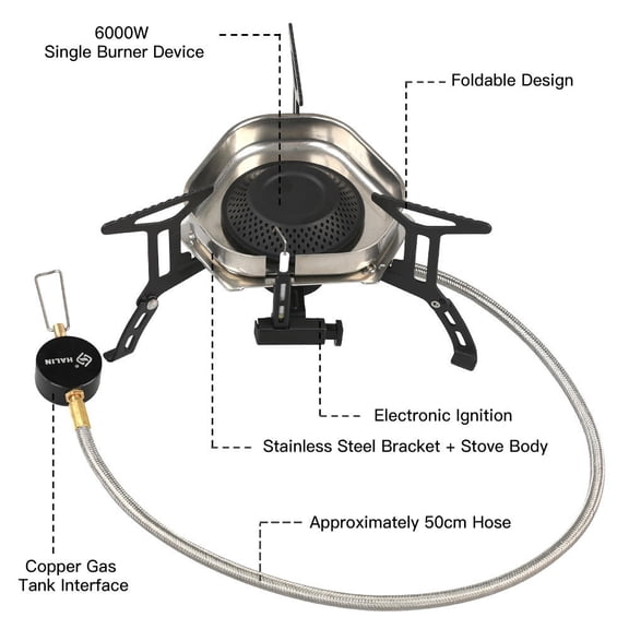 Xirurus 6000W Windproof Folding Camping Gas Stove – 50cm Hose, 3 Pot Carriers, Rapid Heat, Wind‑Shielded, Versatile Outdoor Cooking