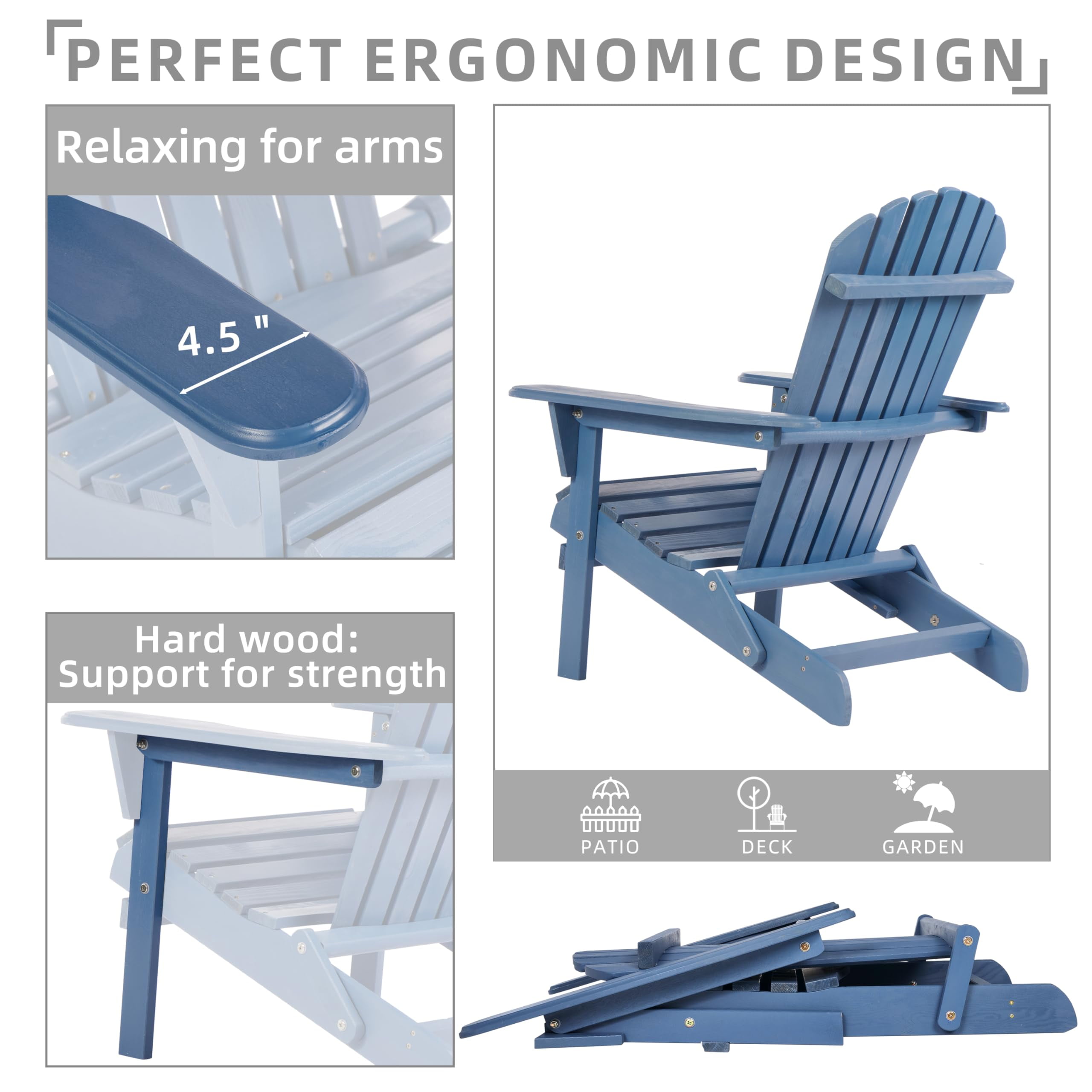 Wood Folding Adirondack Chair, Canadian Cedar Outdoor Patio Lounger Chair for Beach, Deck, Garden, Backyard, Lawn, Porch, Pool Side, Fire Pit