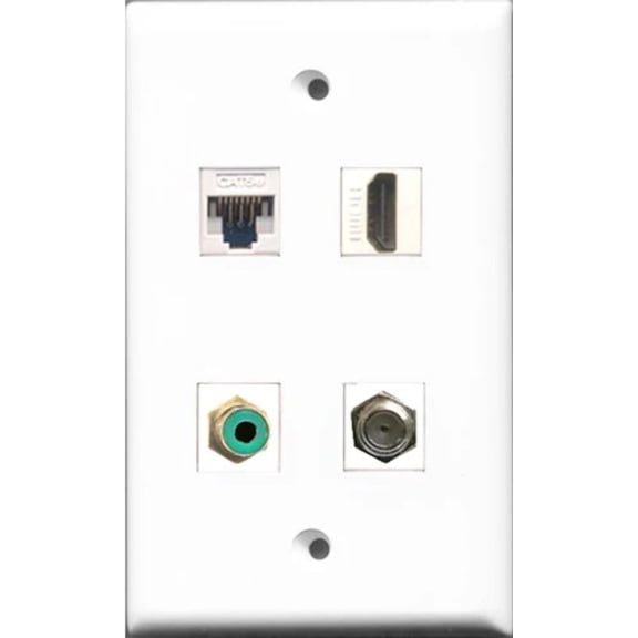 RiteAV - 1 Port HDMI and 1 Port RCA Green and 1 Port Coax Cable TV- F-Type and 1 Port Cat5e Ethernet White Wall Plate