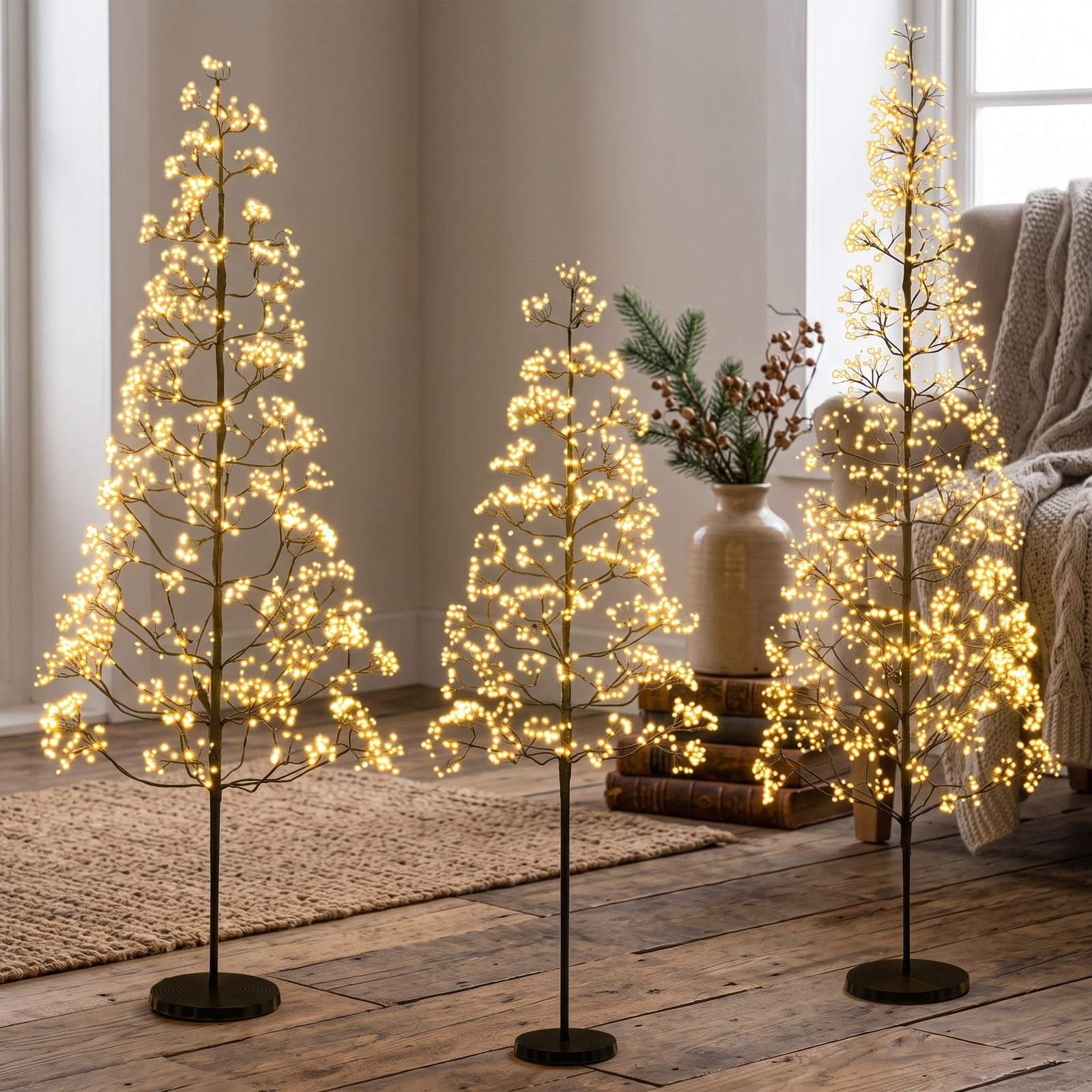 RUIE 7 FT Pre-Lit Artificial Cedar Alpine Christmas Tree with 2100 Warm White LED Lights, Weighted Base, Sectional Design for Indoor Holiday Decor, Black