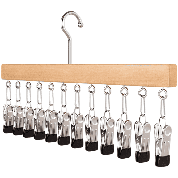 12-Clip Wood & Metal Multi-functional Hanging Clip, Space-Saving Clothes Organizer, 360 Rotating Hanger for Socks, Underwear, Hats, 15 x 1.5 x 8.3 in / 38 x 1.5 x 21 cm