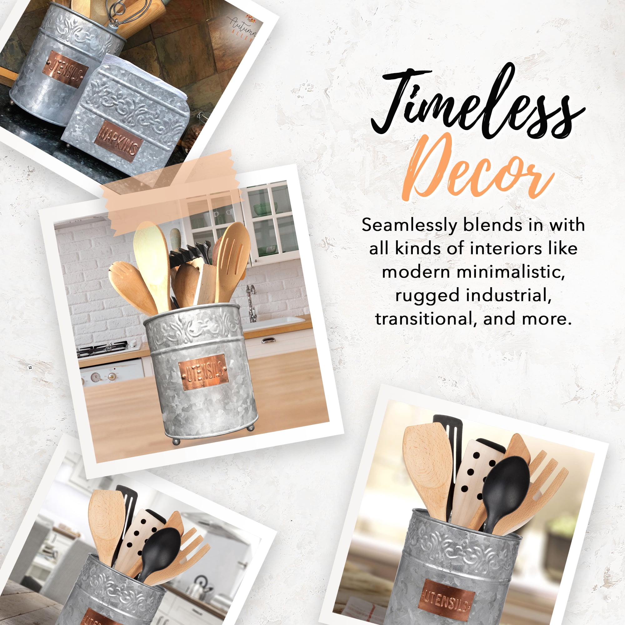 Autumn Alley Galvanized Round Utensil Holder with Embossed Copper Label