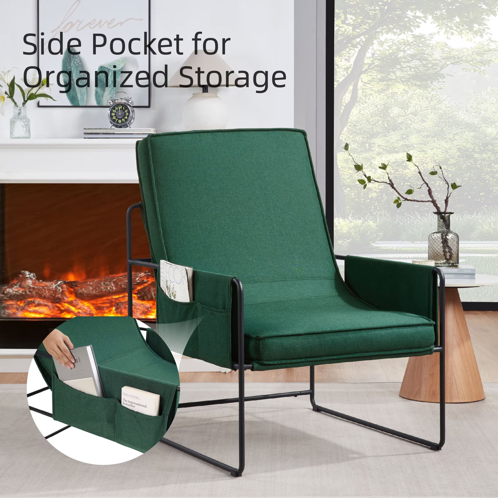 Avobird Modern Accent Chair for Living Room, Bedroom, Office, Vanity Chair with Storage Bag & Removable Cushion, Green