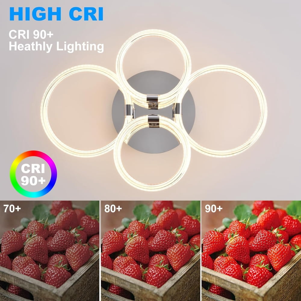 IVV Modern LED Flush Mount Ceiling Light with Dimmable Remote Control, 4 Rings Lighting Fixture Ceiling Lamp for Kitchen, Living Room, Bedroom, Laundry Room, 3000K-6500K, CRI 90+ (Silver)
