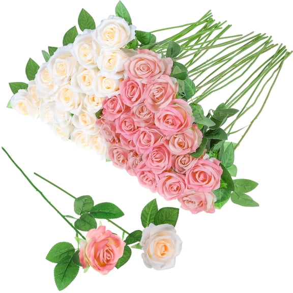 Armscye 36 Pcs Pink Champagne Rose Artificial Flowers Bulk with Long Stem,Realistic Silk Fake Roses Plastic Roses Bouquet Artificial Flowers for Bridal Wedding Arrangement Table Centerpieces Decor